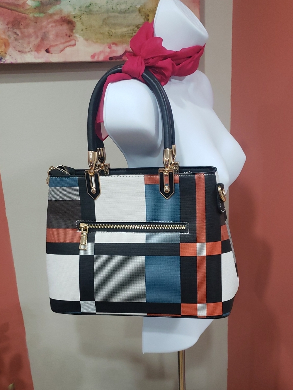 TIBES Stylish Multicolor Plaid Satchel Handbag - Black, White, Blue & Orange